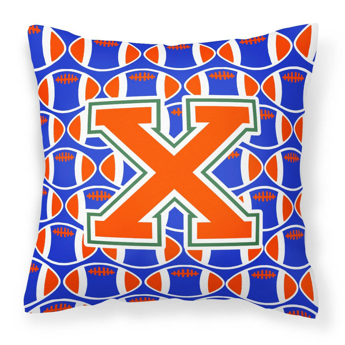 Letter X Football Green, Blue and Orange Fabric Decorative Pillow CJ1083-XPW1414 by Caroline&#39;s Treasures