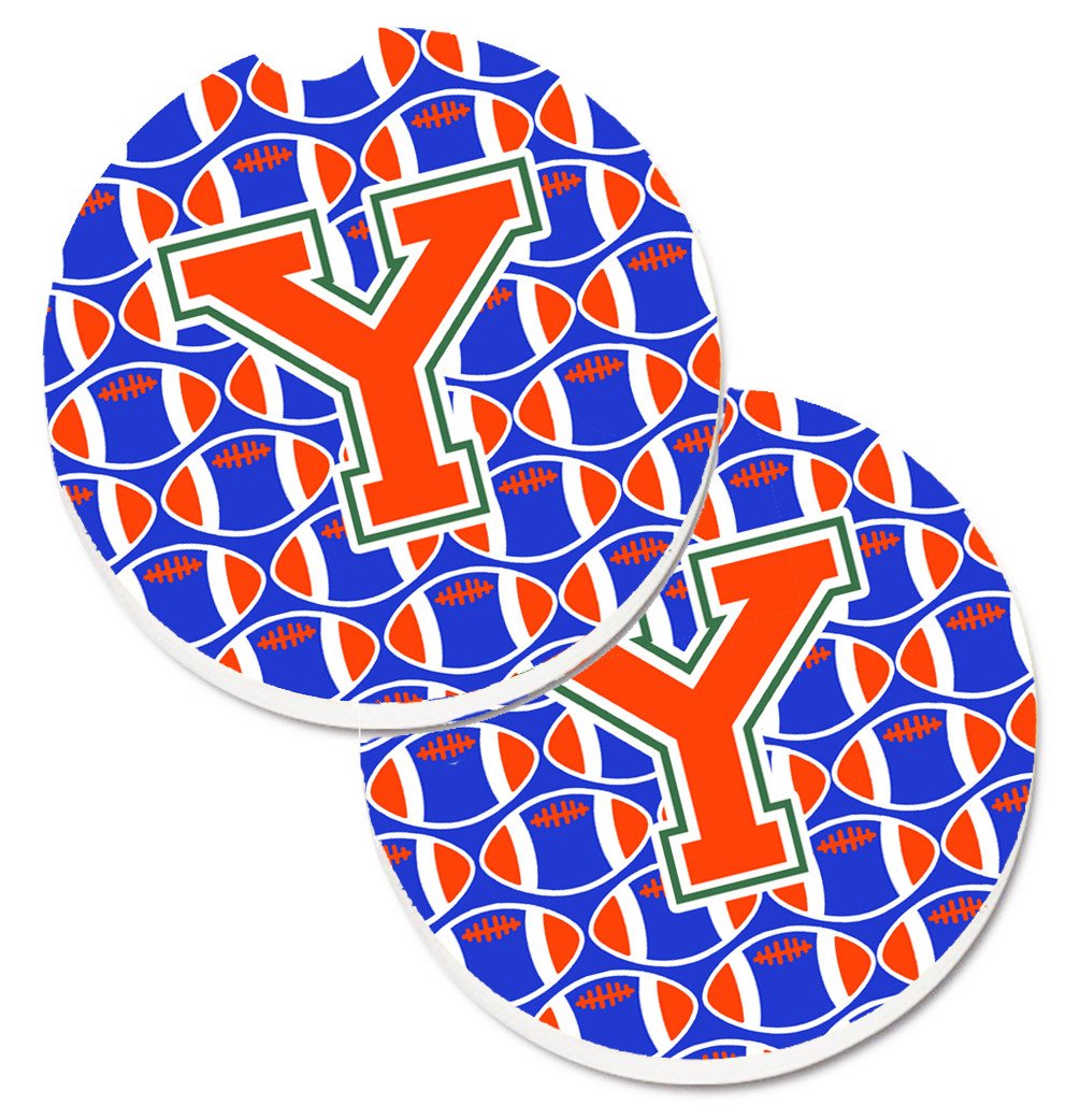 Letter Y Football Green, Blue and Orange Set of 2 Cup Holder Car Coasters CJ1083-YCARC by Caroline's Treasures