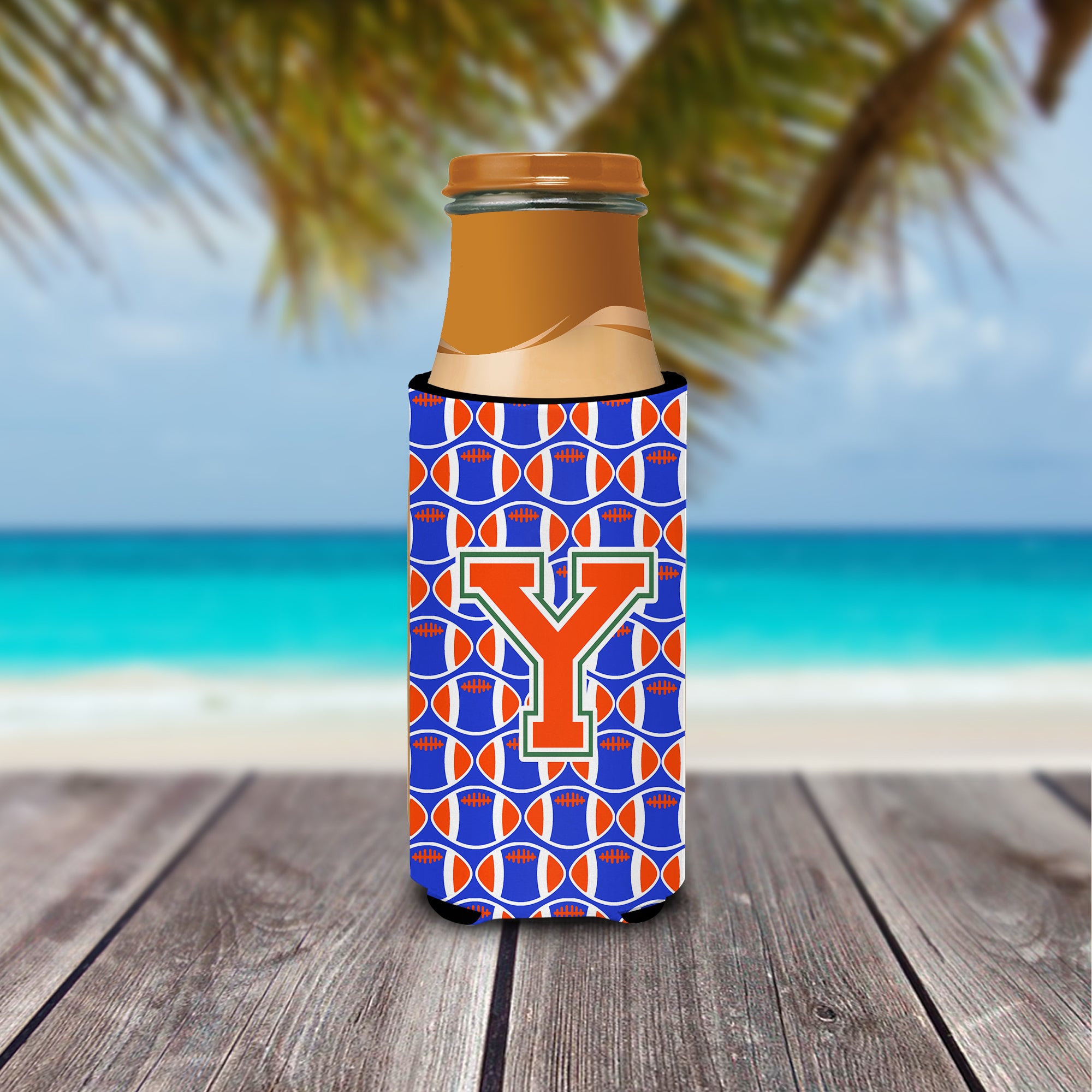Letter Y Football Green, Blue and Orange Ultra Beverage Insulators for slim cans CJ1083-YMUK