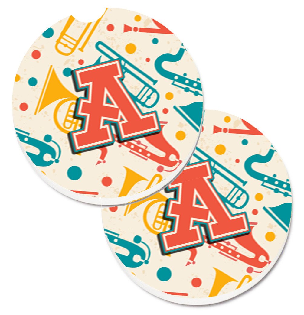 Letter A Retro Teal Orange Musical Instruments Initial Set of 2 Cup Holder Car Coasters CJ2001-ACARC by Caroline&#39;s Treasures
