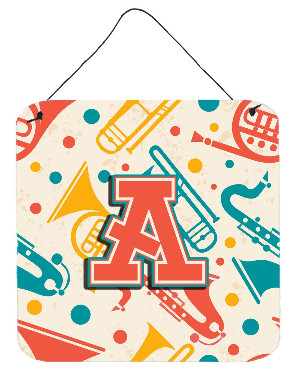 Letter A Retro Teal Orange Musical Instruments Initial Wall or Door Hanging Prints CJ2001-ADS66 by Caroline's Treasures