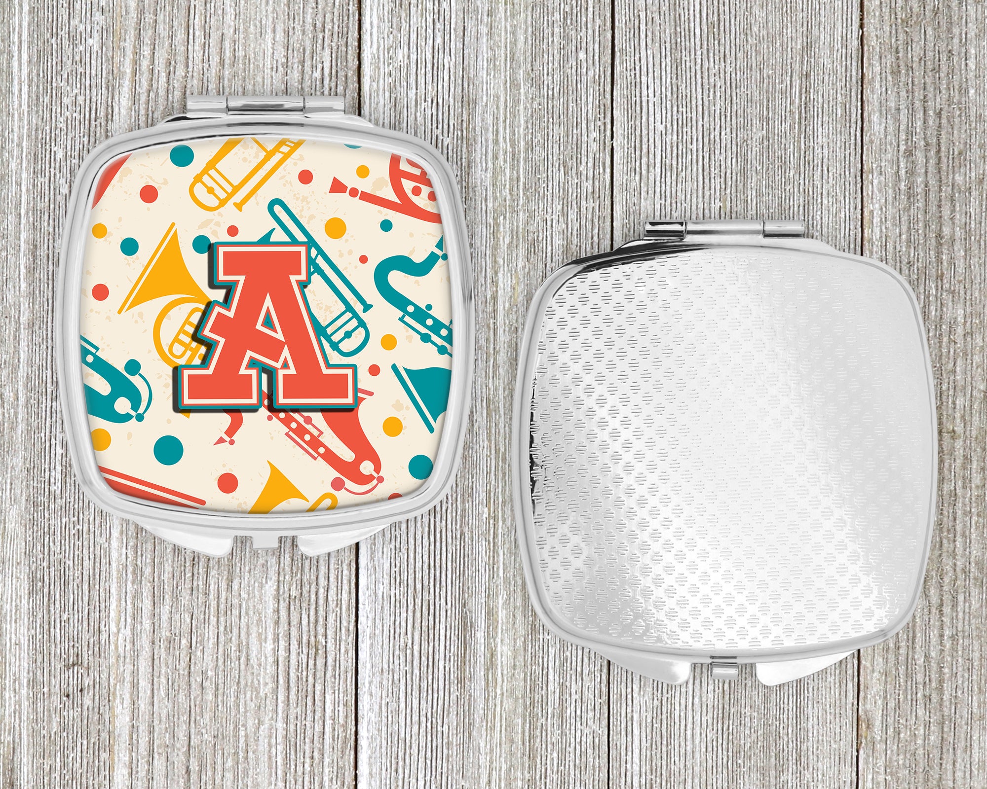 Letter A Retro Teal Orange Musical Instruments Initial Compact Mirror CJ2001-ASCM  the-store.com.