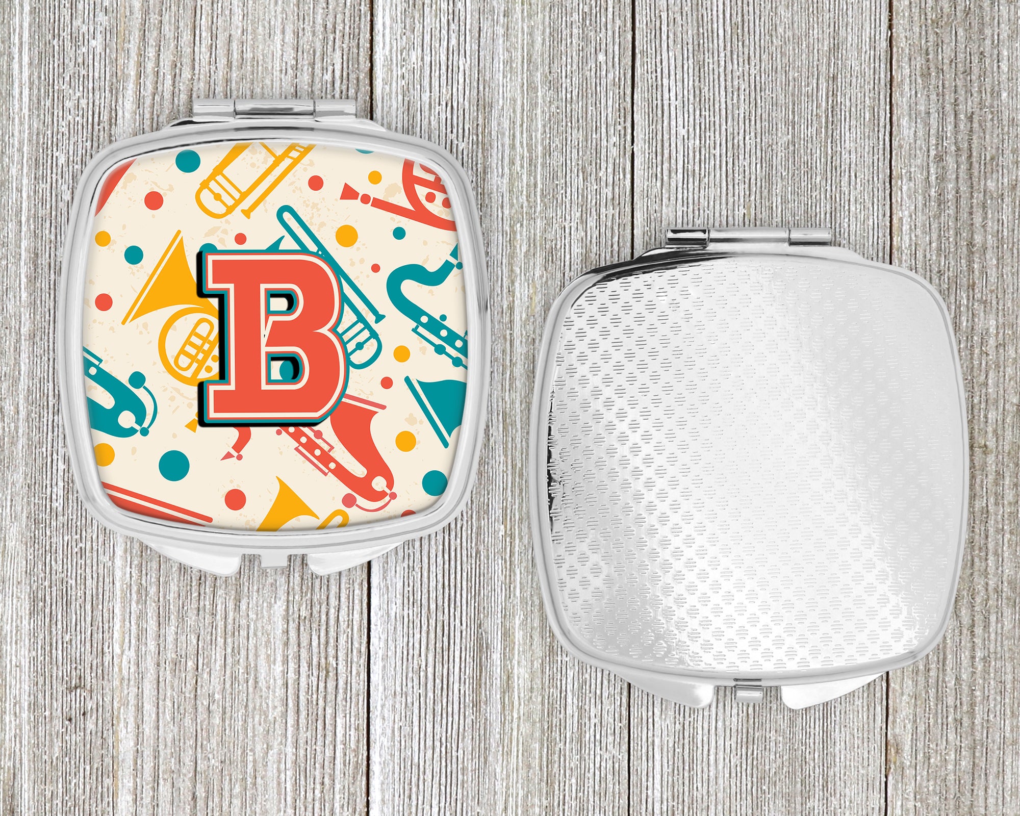 Letter B Retro Teal Orange Musical Instruments Initial Compact Mirror CJ2001-BSCM  the-store.com.