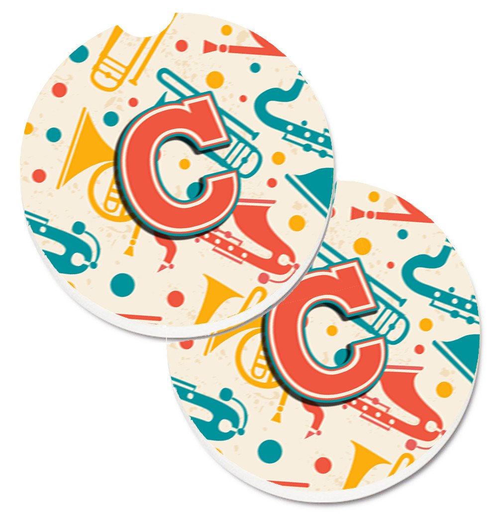 Letter C Retro Teal Orange Musical Instruments Initial Set of 2 Cup Holder Car Coasters CJ2001-CCARC by Caroline&#39;s Treasures
