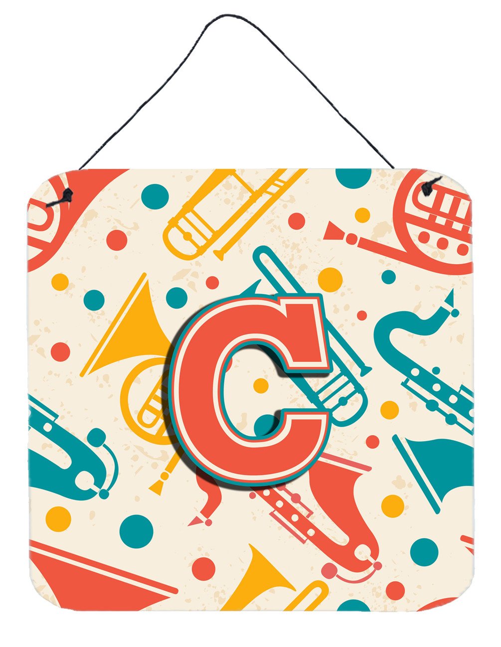 Letter C Retro Teal Orange Musical Instruments Initial Wall or Door Hanging Prints CJ2001-CDS66 by Caroline's Treasures