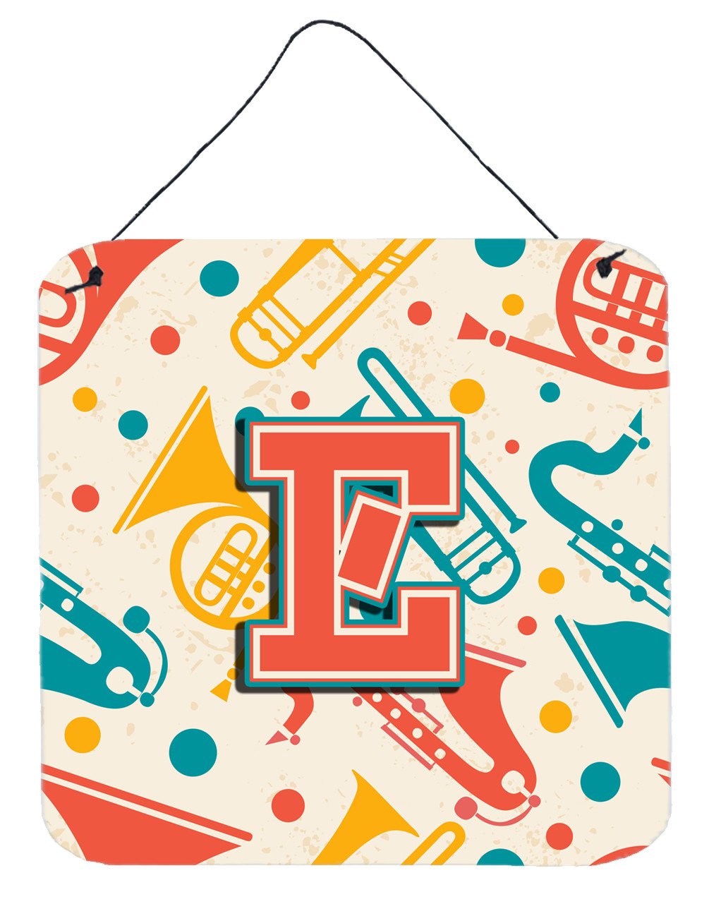 Letter E Retro Teal Orange Musical Instruments Initial Wall or Door Hanging Prints CJ2001-EDS66 by Caroline's Treasures