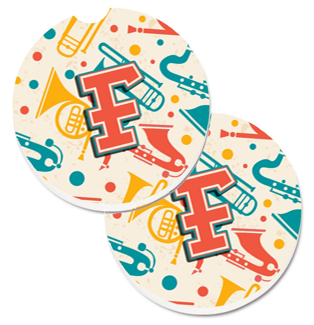 Letter F Retro Teal Orange Musical Instruments Initial Set of 2 Cup Holder Car Coasters CJ2001-FCARC by Caroline's Treasures
