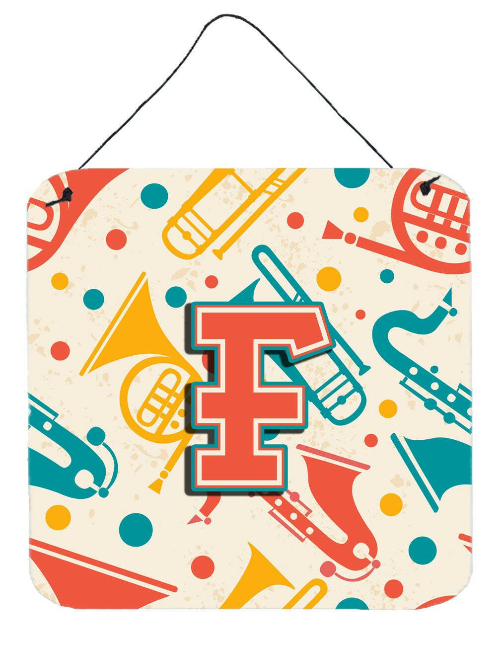 Letter F Retro Teal Orange Musical Instruments Initial Wall or Door Hanging Prints CJ2001-FDS66 by Caroline&#39;s Treasures