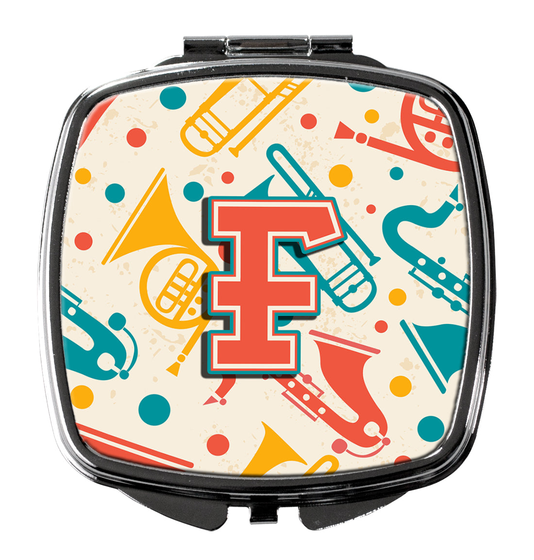 Caroline's Treasures Letter F Retro Teal Orange Musical Instruments Initial Compact Mirror – Stylish Purse Mirror with Artistic Covers CJ2001-FSCM