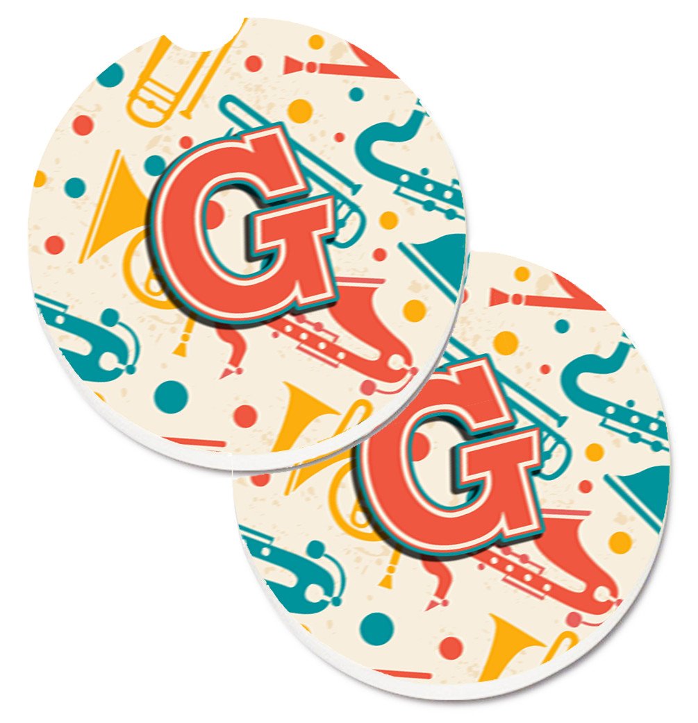 Letter G Retro Teal Orange Musical Instruments Initial Set of 2 Cup Holder Car Coasters CJ2001-GCARC by Caroline&#39;s Treasures