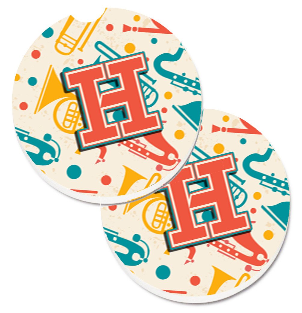Letter H Retro Teal Orange Musical Instruments Initial Set of 2 Cup Holder Car Coasters CJ2001-HCARC by Caroline's Treasures