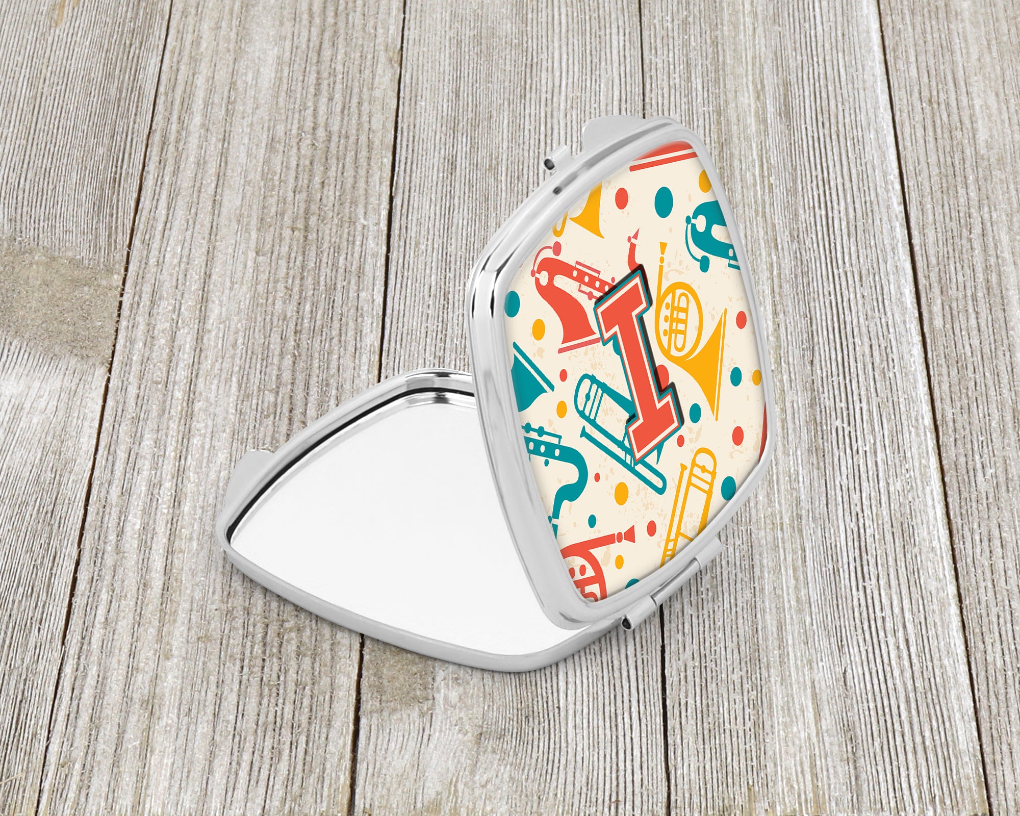 Letter I Retro Teal Orange Musical Instruments Initial Compact Mirror CJ2001-ISCM  the-store.com.