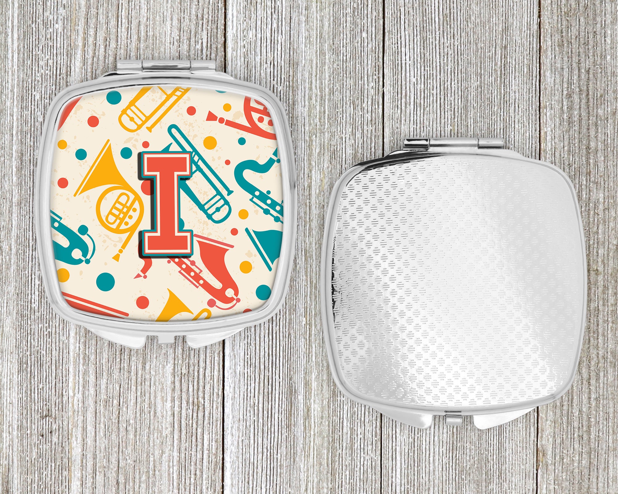 Letter I Retro Teal Orange Musical Instruments Initial Compact Mirror CJ2001-ISCM  the-store.com.
