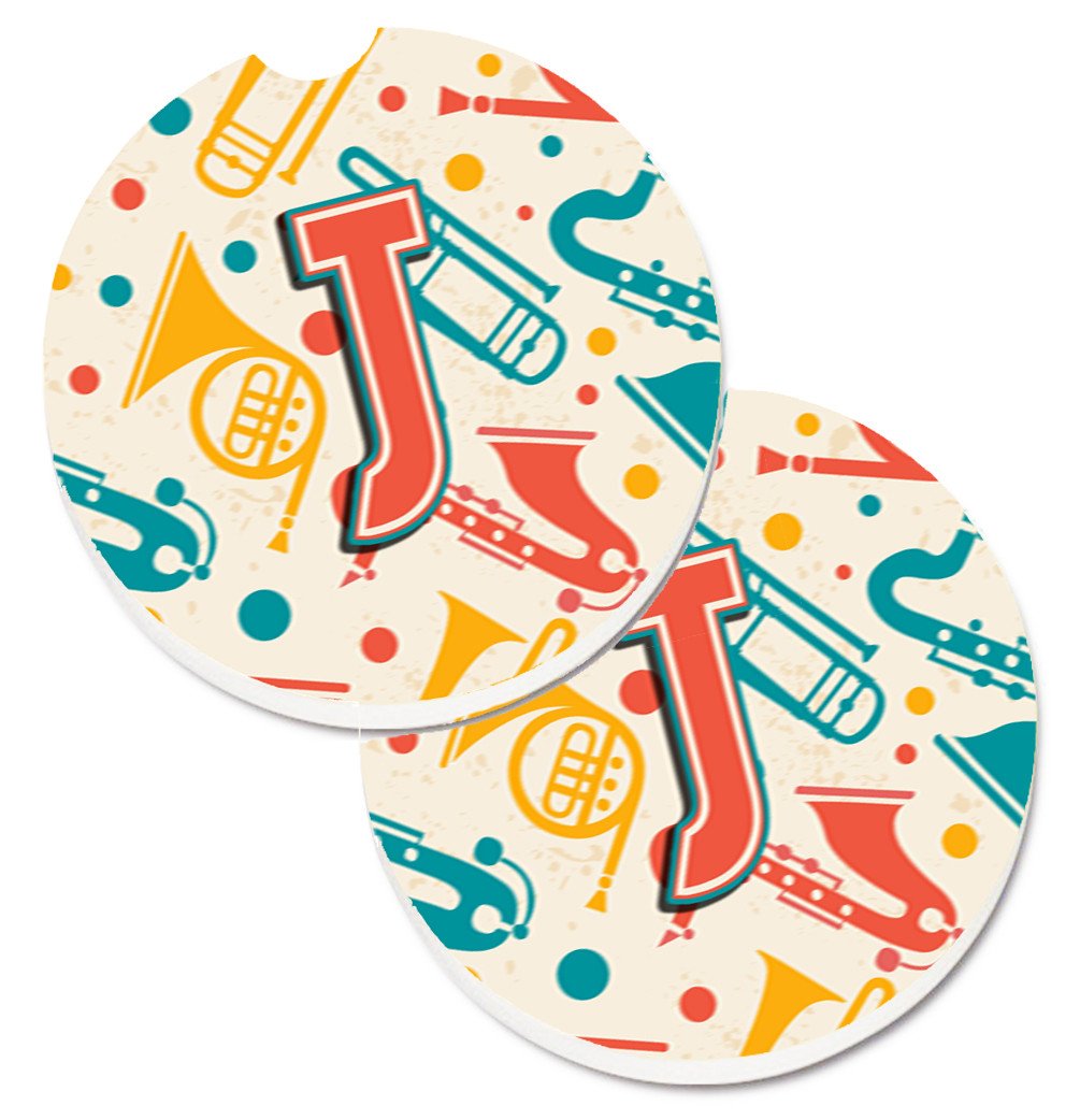 Letter J Retro Teal Orange Musical Instruments Initial Set of 2 Cup Holder Car Coasters CJ2001-JCARC by Caroline&#39;s Treasures