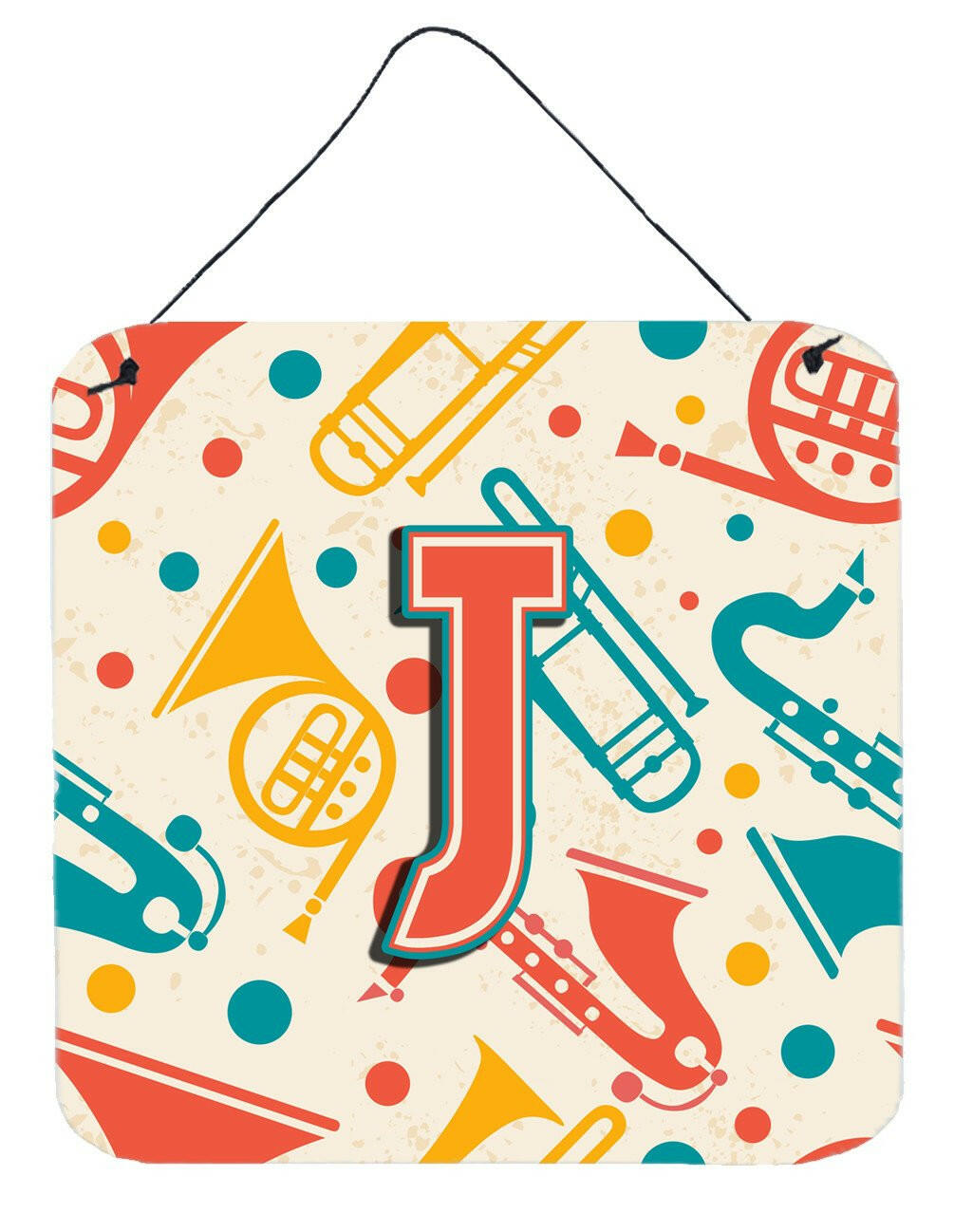 Letter J Retro Teal Orange Musical Instruments Initial Wall or Door Hanging Prints CJ2001-JDS66 by Caroline's Treasures