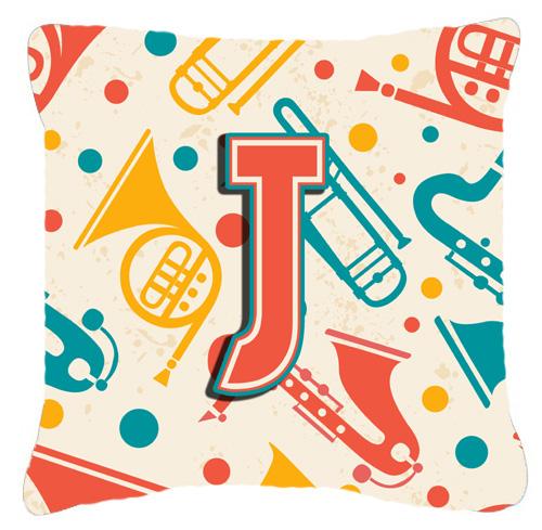 Letter J Retro Teal Orange Musical Instruments Initial Canvas Fabric Decorative Pillow by Caroline&#39;s Treasures