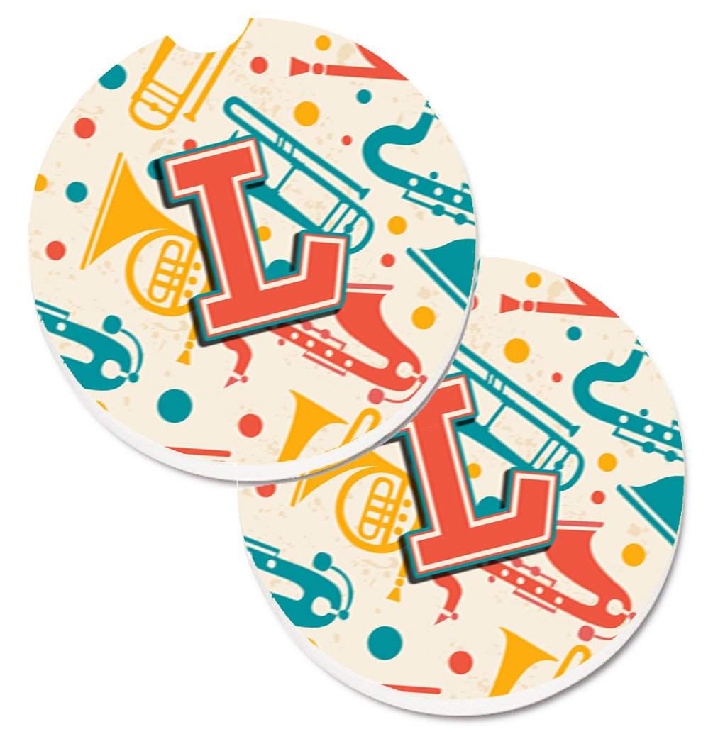 Letter L Retro Teal Orange Musical Instruments Initial Set of 2 Cup Holder Car Coasters CJ2001-LCARC by Caroline&#39;s Treasures