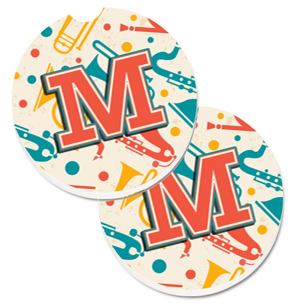 Letter M Retro Teal Orange Musical Instruments Initial Set of 2 Cup Holder Car Coasters CJ2001-MCARC by Caroline&#39;s Treasures