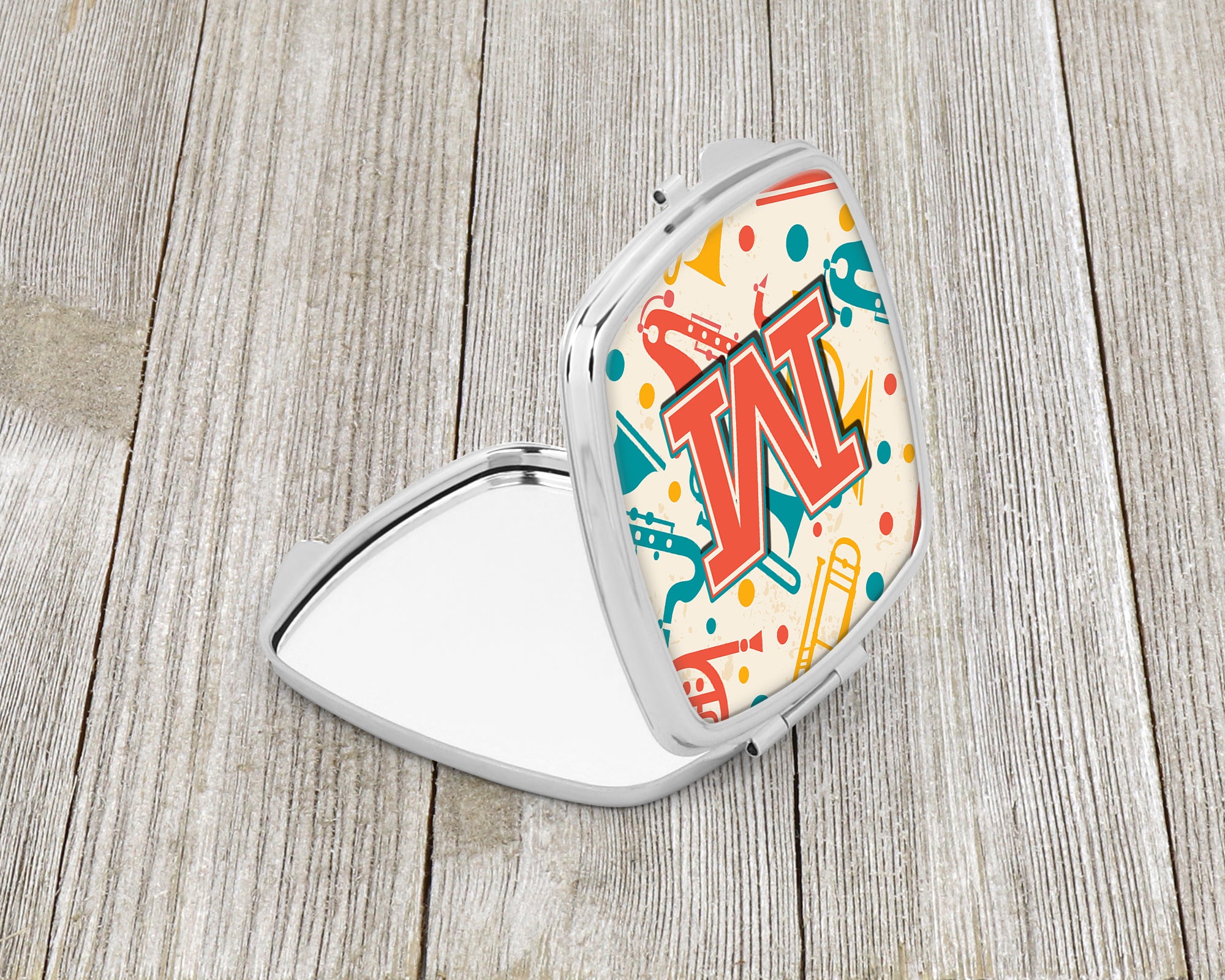 Caroline's Treasures Letter M Retro Teal Orange Musical Instruments Initial Compact Mirror – Stylish Purse Mirror with Artistic Covers CJ2001-MSCM