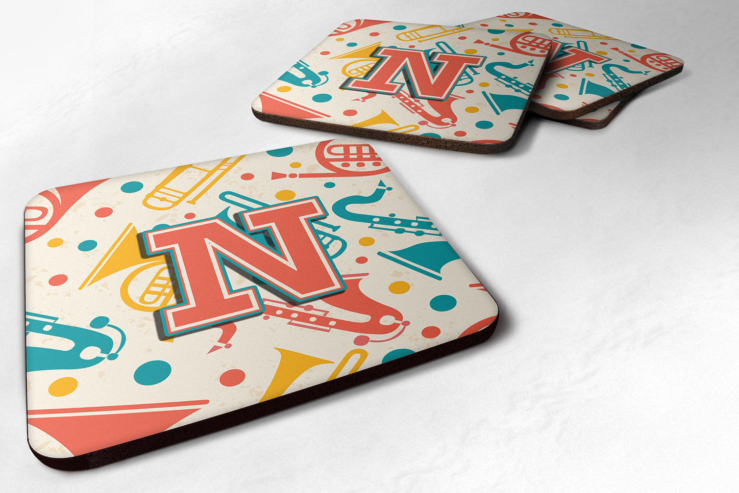 Set of 4 Letter N Retro Teal Orange Musical Instruments Initial Foam Coasters CJ2001-NFC - the-store.com