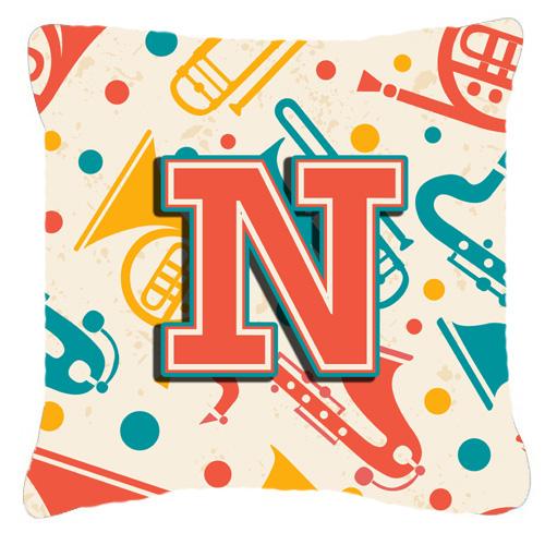 Letter N Retro Teal Orange Musical Instruments Initial Canvas Fabric Decorative Pillow by Caroline&#39;s Treasures