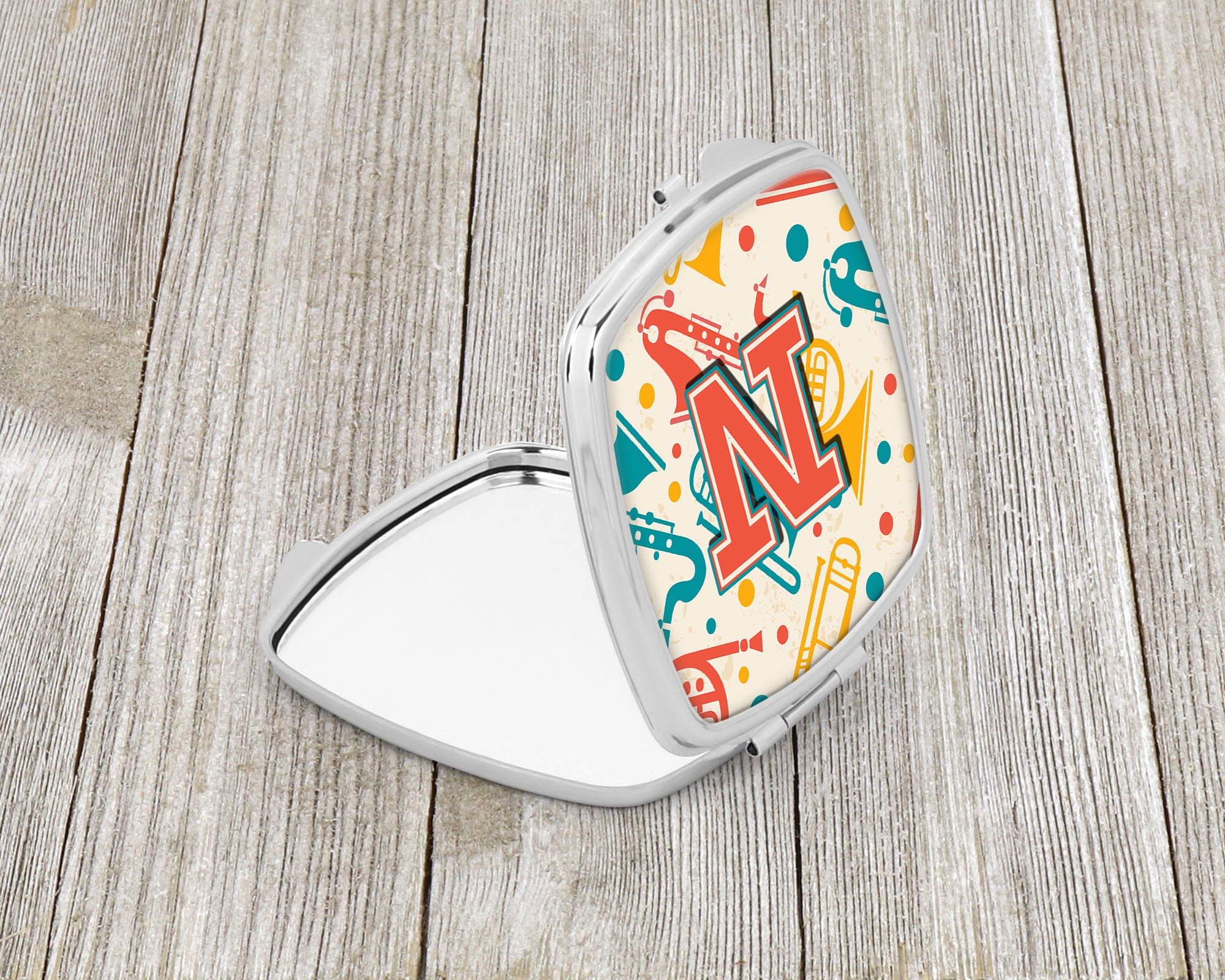 Caroline's Treasures Letter N Retro Teal Orange Musical Instruments Initial Compact Mirror – Stylish Purse Mirror with Artistic Covers CJ2001-NSCM