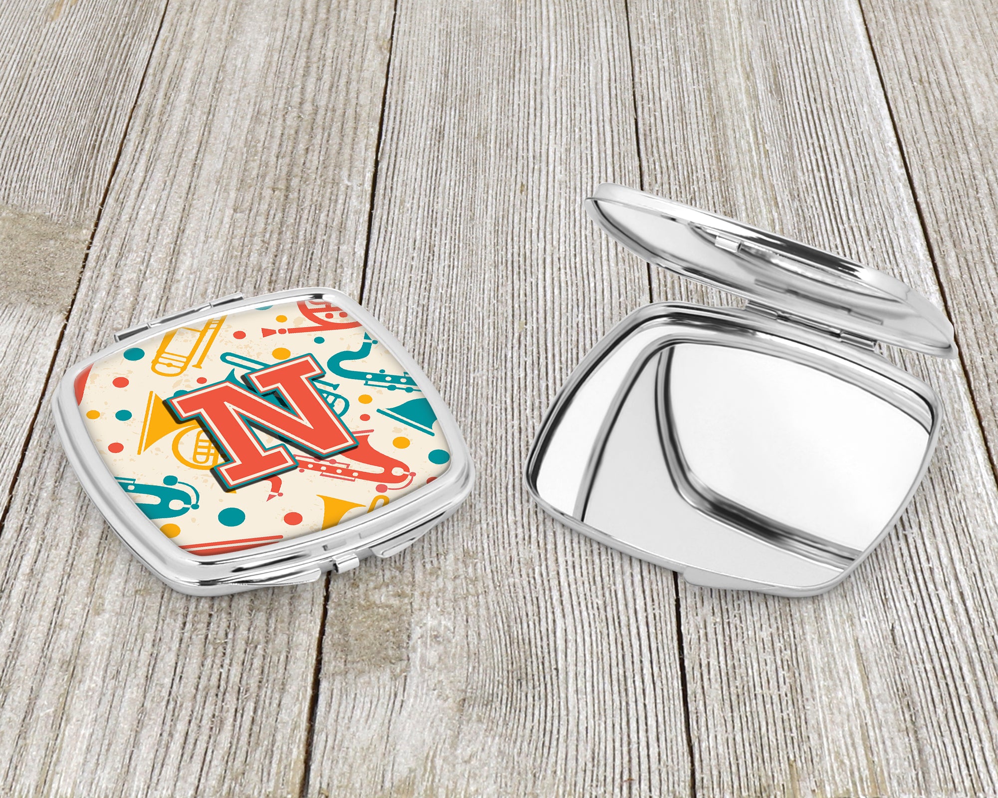 Letter N Retro Teal Orange Musical Instruments Initial Compact Mirror CJ2001-NSCM  the-store.com.