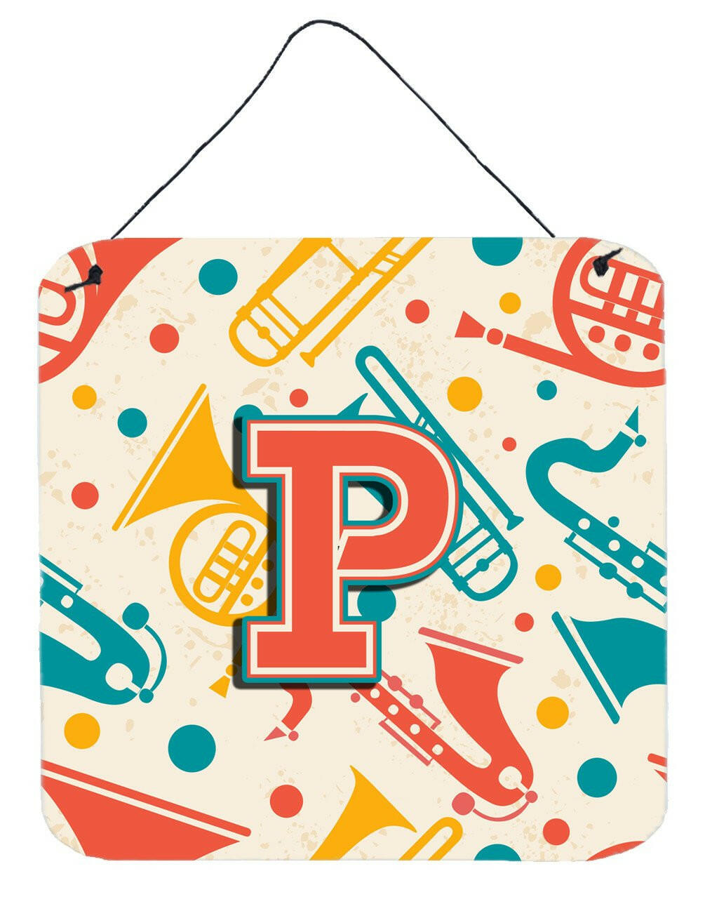 Letter P Retro Teal Orange Musical Instruments Initial Wall or Door Hanging Prints CJ2001-PDS66 by Caroline's Treasures