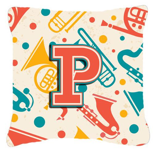 Letter P Retro Teal Orange Musical Instruments Initial Canvas Fabric Decorative Pillow by Caroline&#39;s Treasures