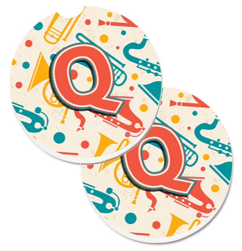 Letter Q Retro Teal Orange Musical Instruments Initial Set of 2 Cup Holder Car Coasters CJ2001-QCARC by Caroline&#39;s Treasures
