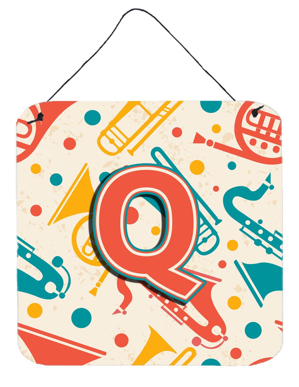 Letter Q Retro Teal Orange Musical Instruments Initial Wall or Door Hanging Prints CJ2001-QDS66 by Caroline's Treasures