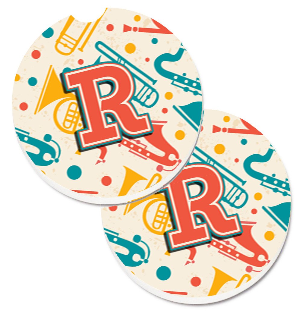 Letter R Retro Teal Orange Musical Instruments Initial Set of 2 Cup Holder Car Coasters CJ2001-RCARC by Caroline&#39;s Treasures