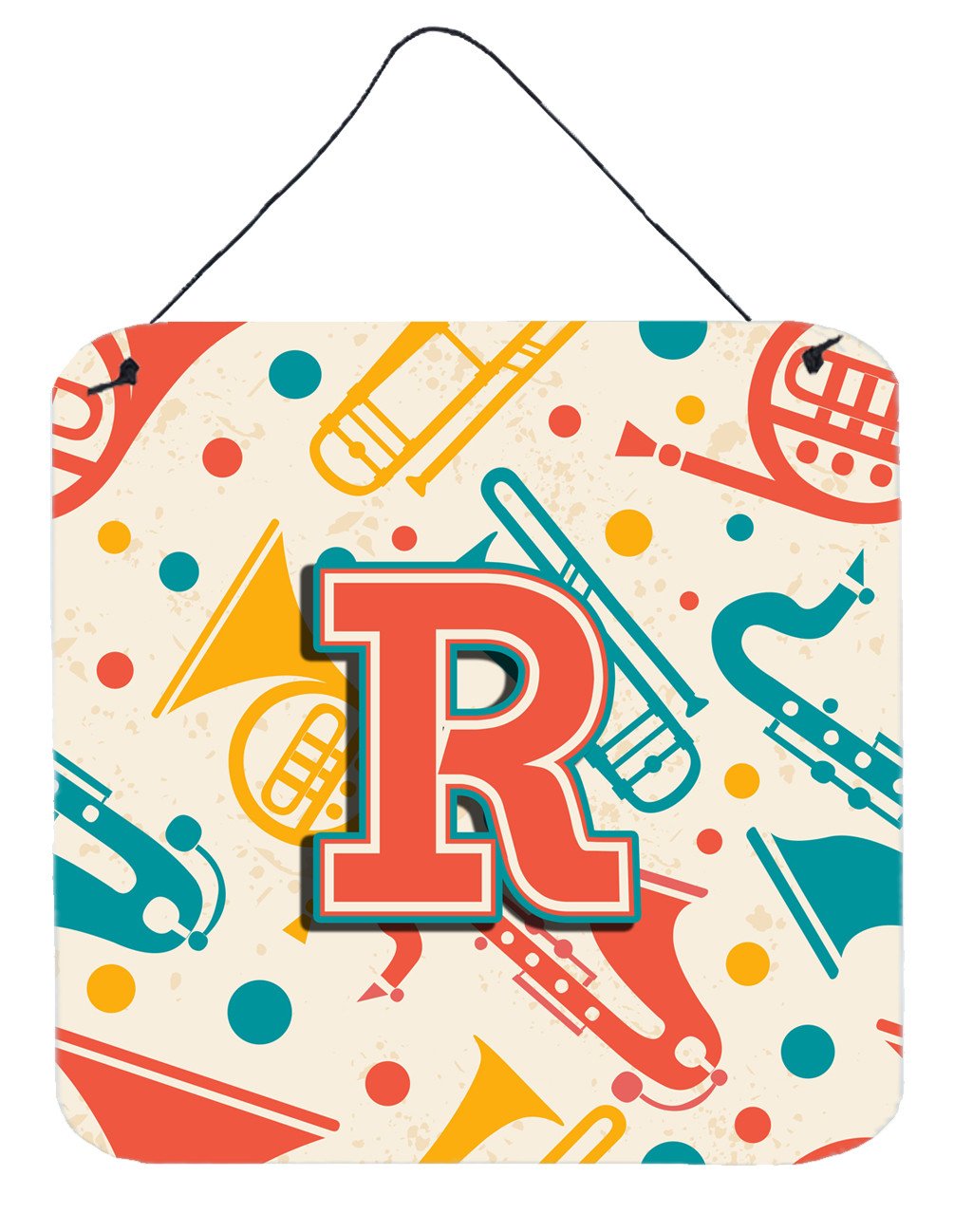 Letter R Retro Teal Orange Musical Instruments Initial Wall or Door Hanging Prints CJ2001-RDS66 by Caroline's Treasures