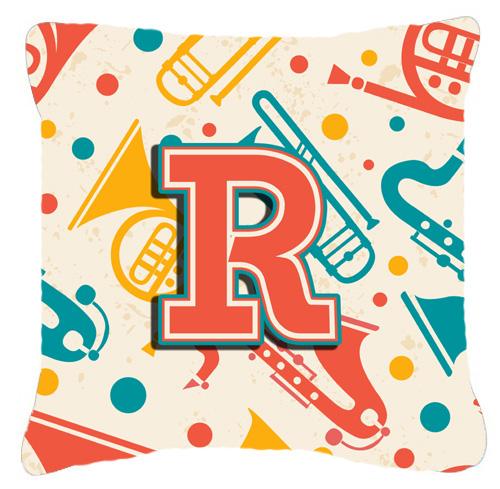 Letter R Retro Teal Orange Musical Instruments Initial Canvas Fabric Decorative Pillow by Caroline&#39;s Treasures