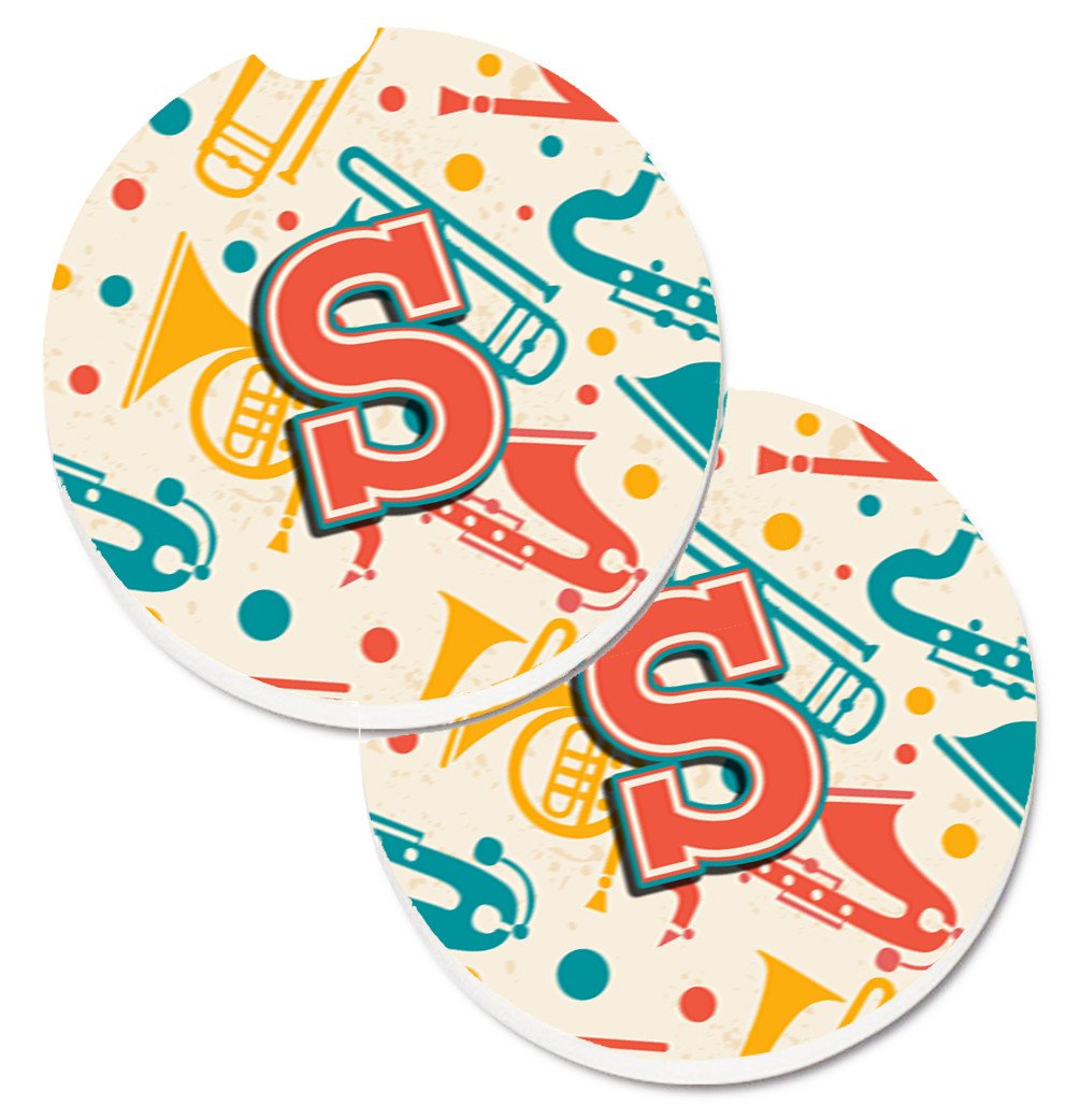 Letter S Retro Teal Orange Musical Instruments Initial Set of 2 Cup Holder Car Coasters CJ2001-SCARC by Caroline&#39;s Treasures