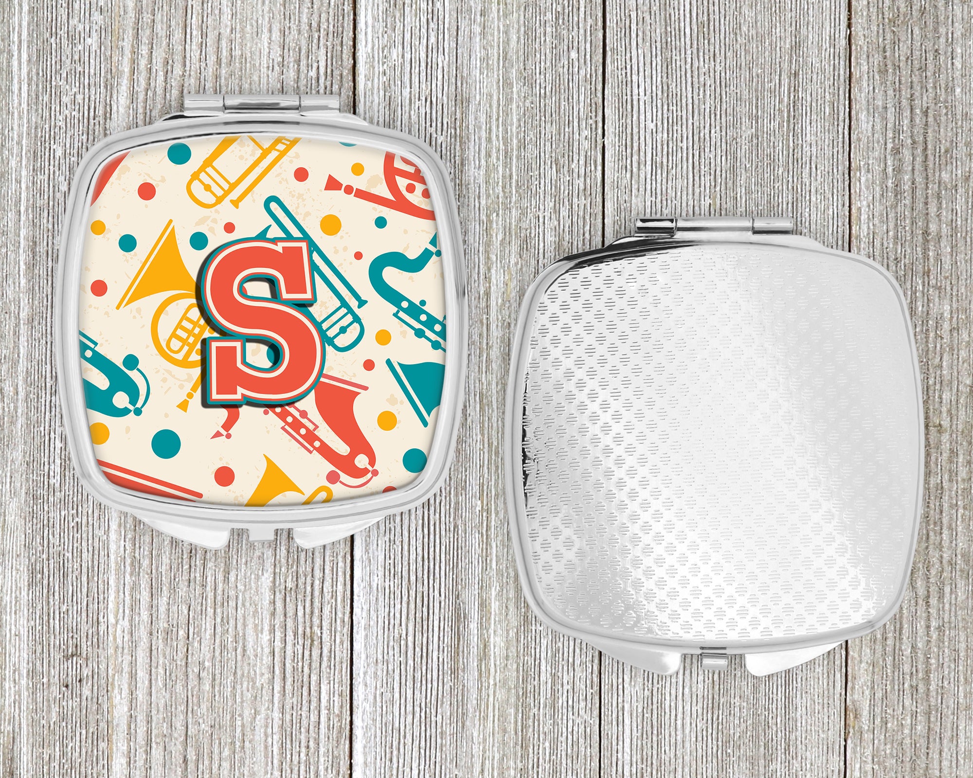 Letter S Retro Teal Orange Musical Instruments Initial Compact Mirror CJ2001-SSCM  the-store.com.