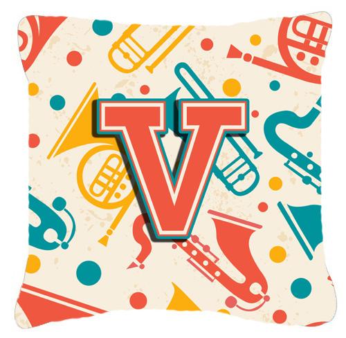 Letter V Retro Teal Orange Musical Instruments Initial Canvas Fabric Decorative Pillow by Caroline's Treasures