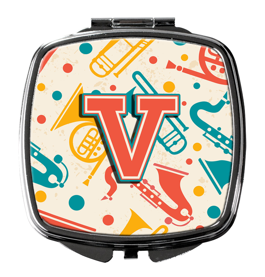 Caroline's Treasures Letter V Retro Teal Orange Musical Instruments Initial Compact Mirror – Stylish Purse Mirror with Artistic Covers CJ2001-VSCM