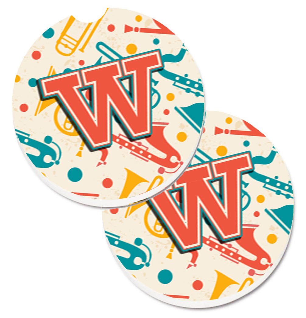 Letter W Retro Teal Orange Musical Instruments Initial Set of 2 Cup Holder Car Coasters CJ2001-WCARC by Caroline&#39;s Treasures