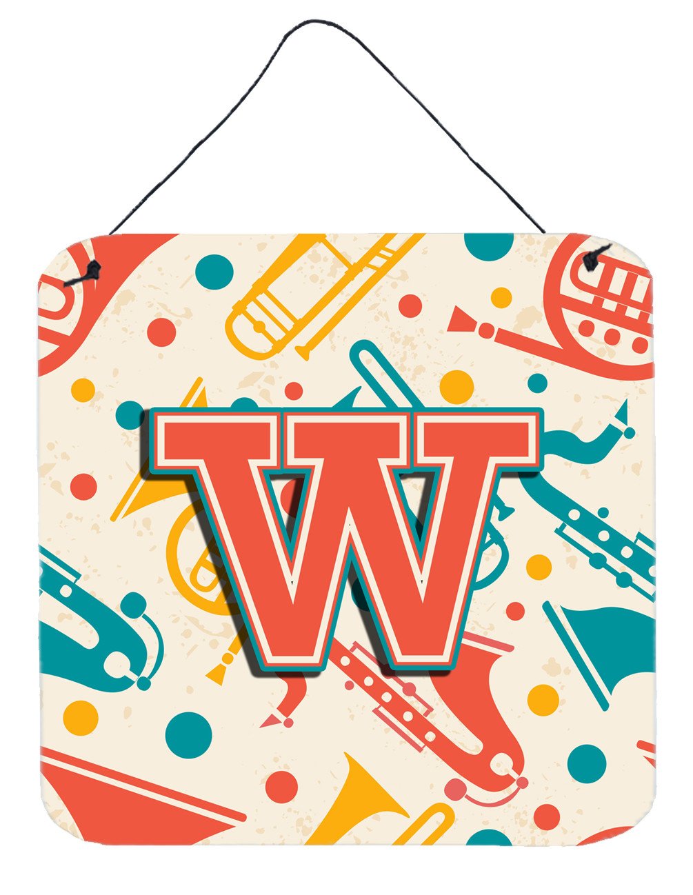 Letter W Retro Teal Orange Musical Instruments Initial Wall or Door Hanging Prints CJ2001-WDS66 by Caroline's Treasures