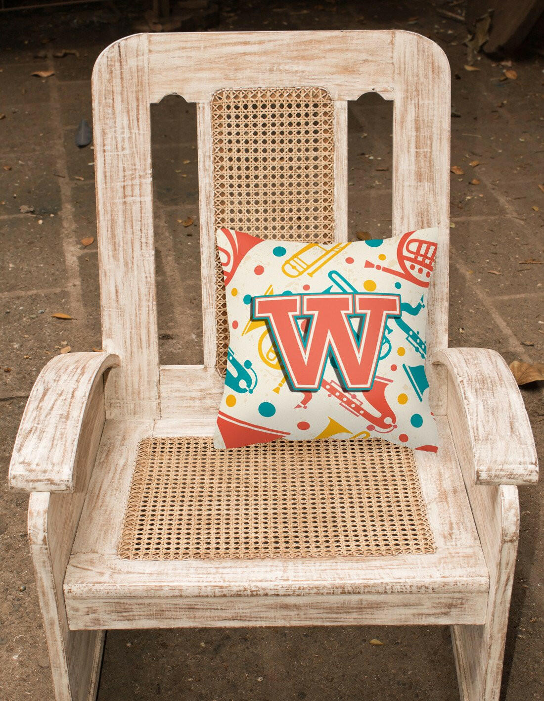 Letter W Retro Teal Orange Musical Instruments Initial Canvas Fabric Decorative Pillow CJ2001-WPW1414 by Caroline's Treasures