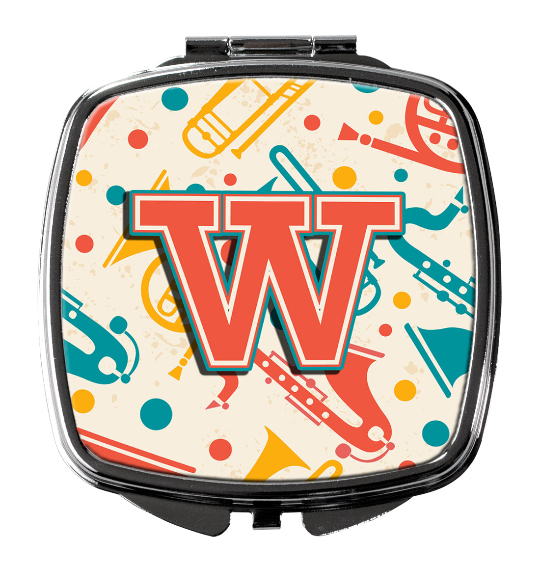 Caroline's Treasures Letter W Retro Teal Orange Musical Instruments Initial Compact Mirror – Stylish Purse Mirror with Artistic Covers CJ2001-WSCM