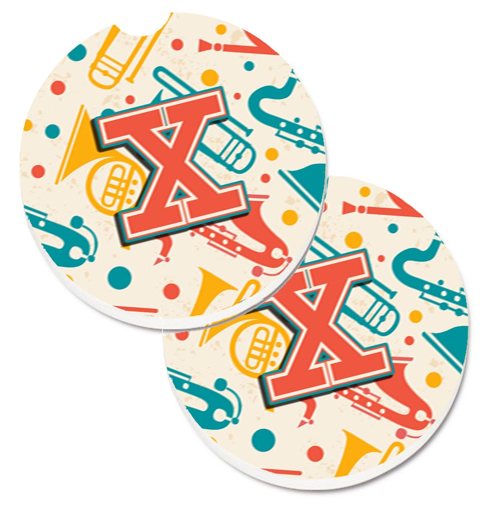 Letter X Retro Teal Orange Musical Instruments Initial Set of 2 Cup Holder Car Coasters CJ2001-XCARC by Caroline's Treasures