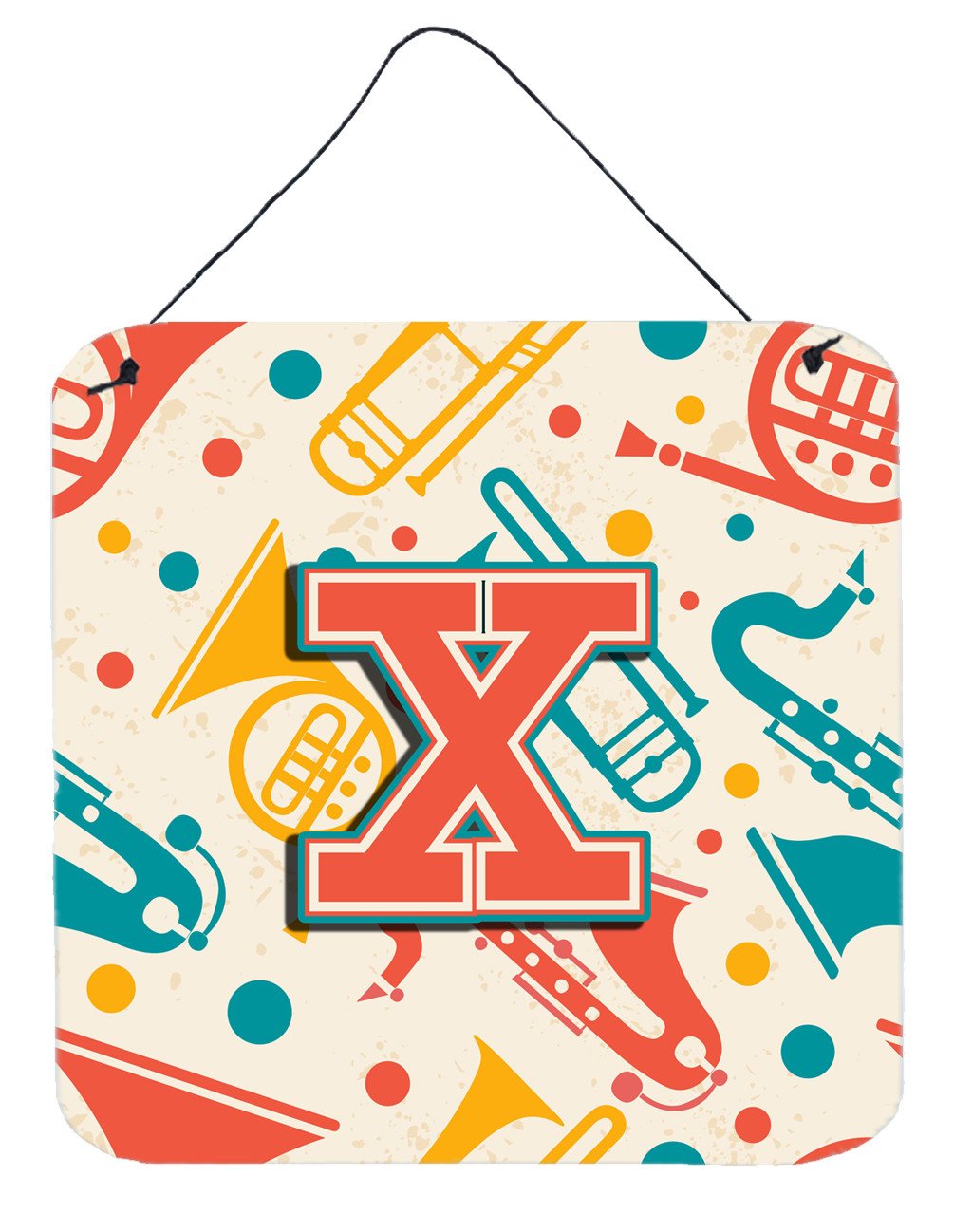 Letter X Retro Teal Orange Musical Instruments Initial Wall or Door Hanging Prints CJ2001-XDS66 by Caroline's Treasures