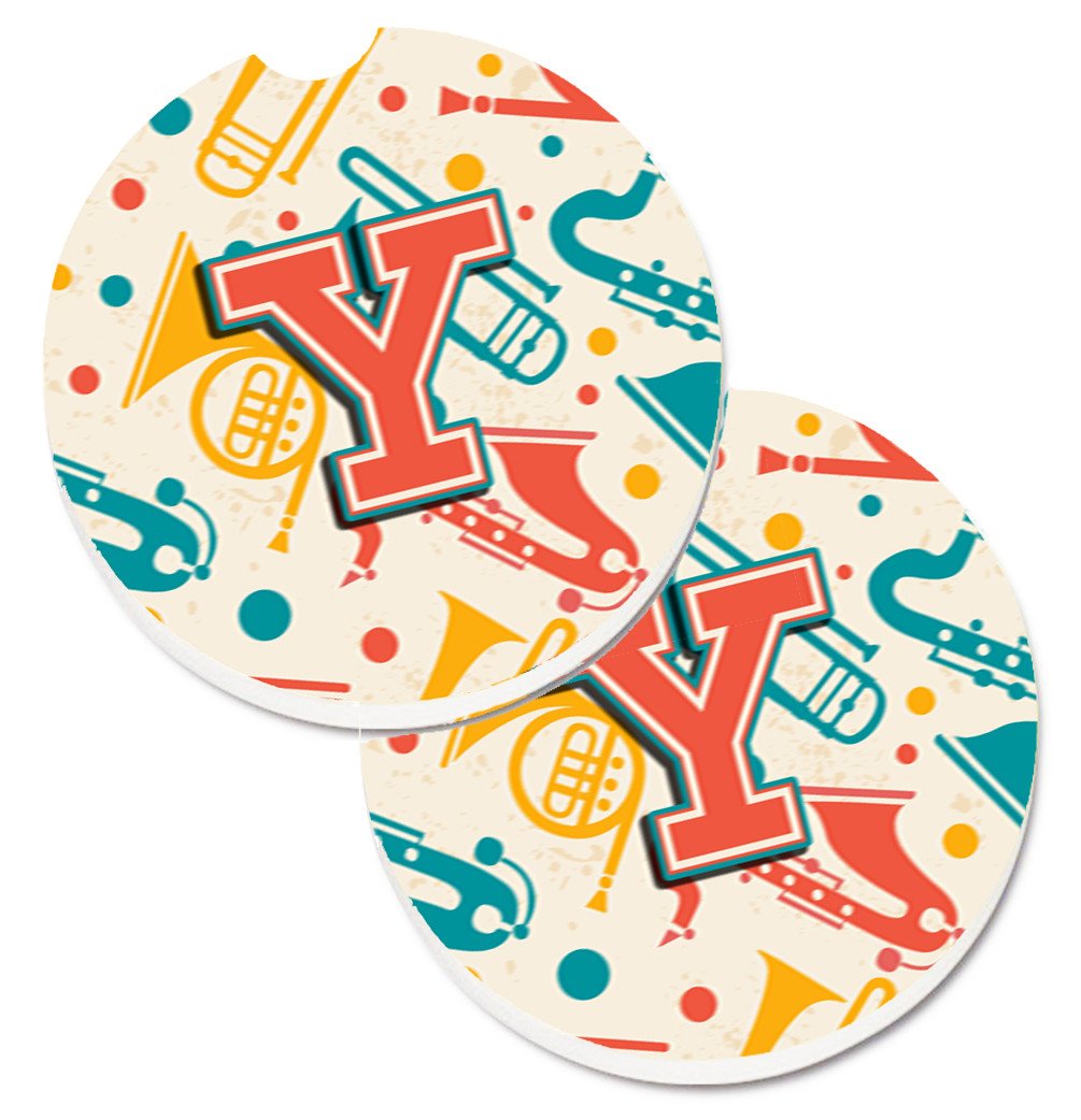 Letter Y Retro Teal Orange Musical Instruments Initial Set of 2 Cup Holder Car Coasters CJ2001-YCARC by Caroline&#39;s Treasures