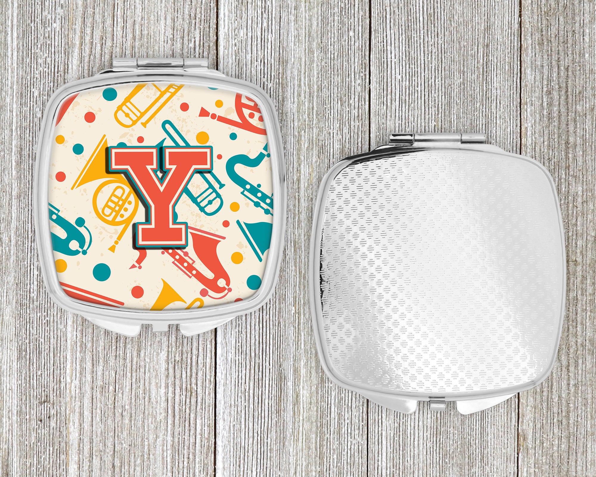 Letter Y Retro Teal Orange Musical Instruments Initial Compact Mirror CJ2001-YSCM  the-store.com.