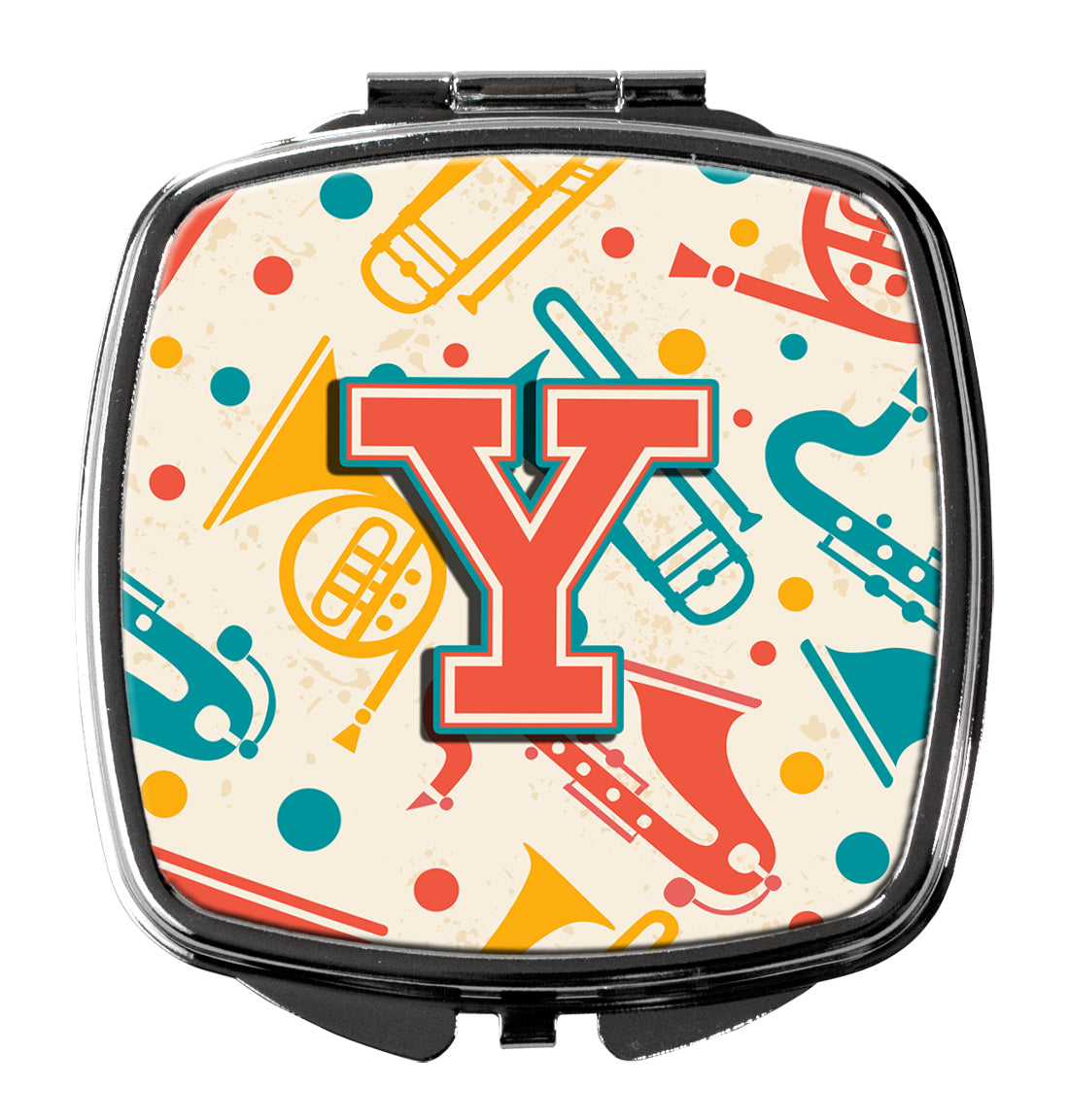 Caroline's Treasures Letter Y Retro Teal Orange Musical Instruments Initial Compact Mirror – Stylish Purse Mirror with Artistic Covers CJ2001-YSCM