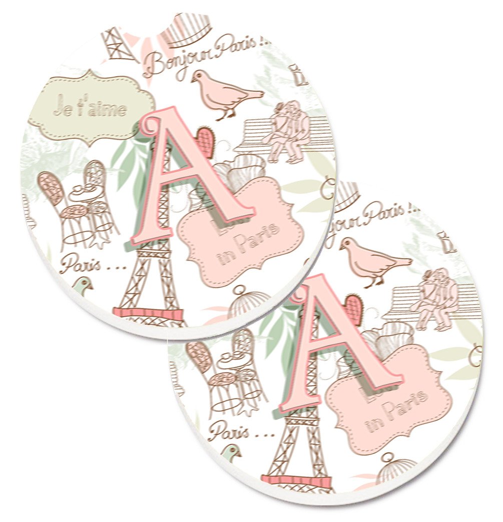 Letter A Love in Paris Pink Set of 2 Cup Holder Car Coasters CJ2002-ACARC by Caroline&#39;s Treasures
