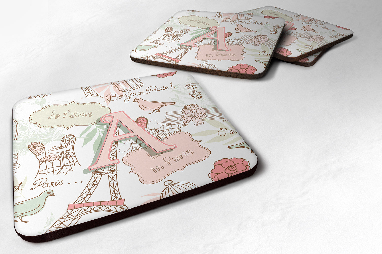 Set of 4 Letter A Love in Paris Pink Foam Coasters CJ2002-AFC - the-store.com