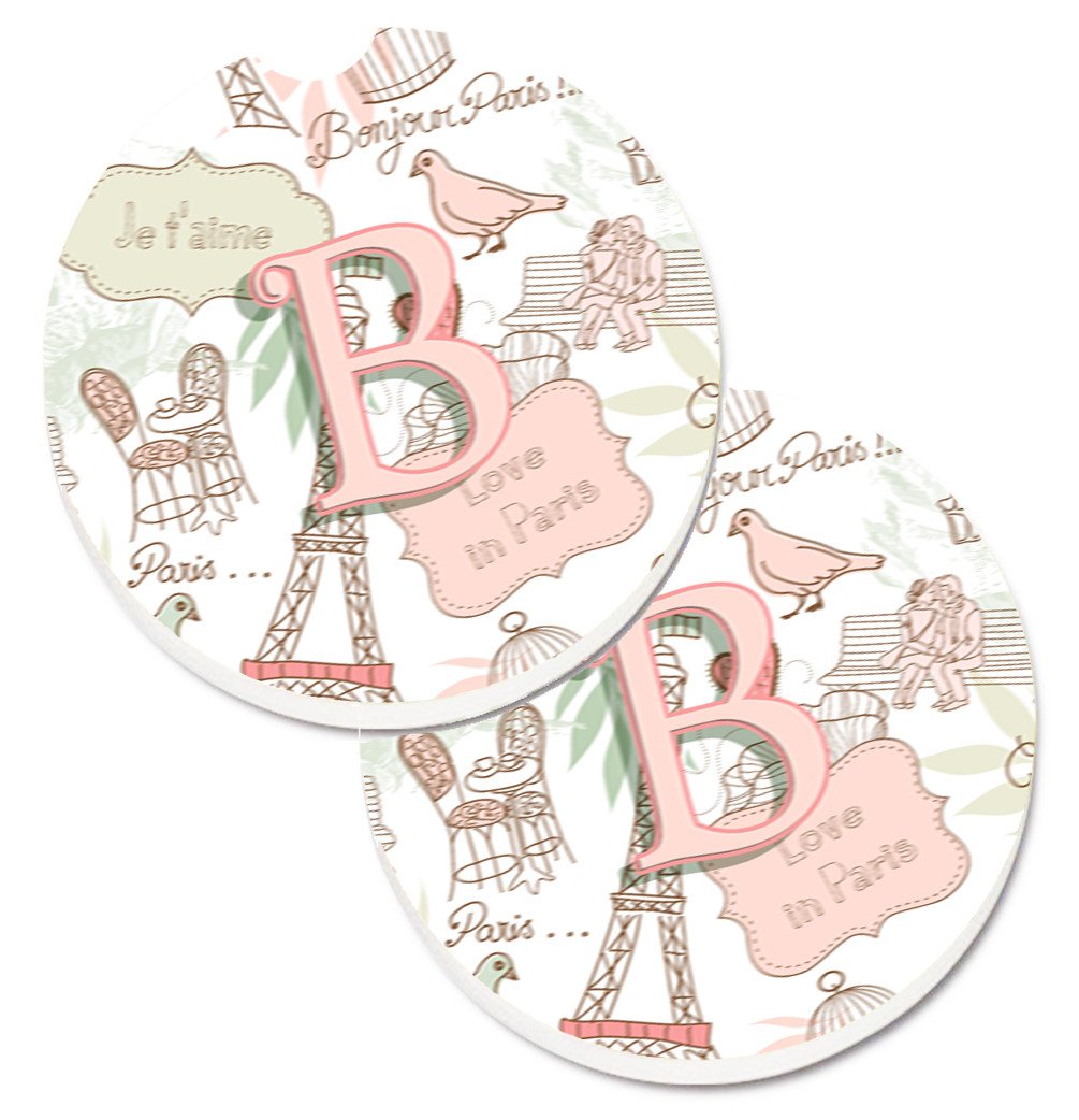 Letter B Love in Paris Pink Set of 2 Cup Holder Car Coasters CJ2002-BCARC by Caroline&#39;s Treasures
